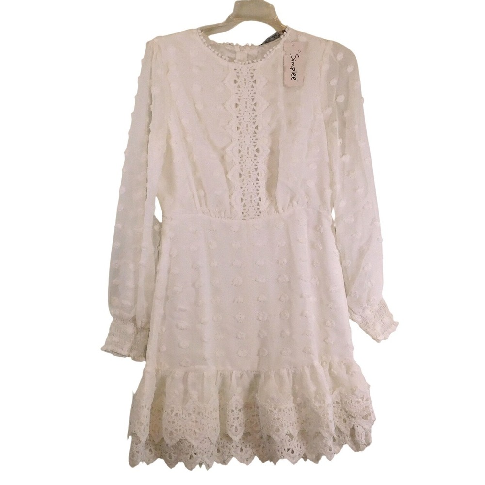Simplee Womens S White Swiss Dot Crochet Lace Mini Dress Long Sleeve Boho NWT